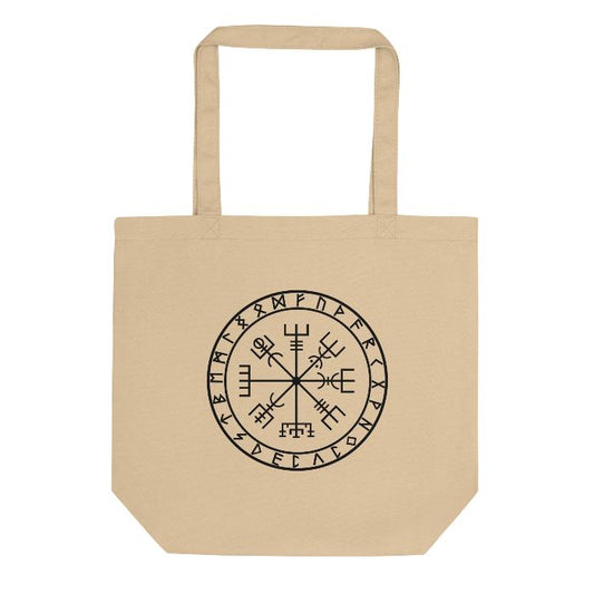 Beige tote bag featuring a hand-stitched vegvisir symbol, a Norse directional symbol representing guidance and protection. Perfect for everyday use or as a gift for Viking enthusiasts.